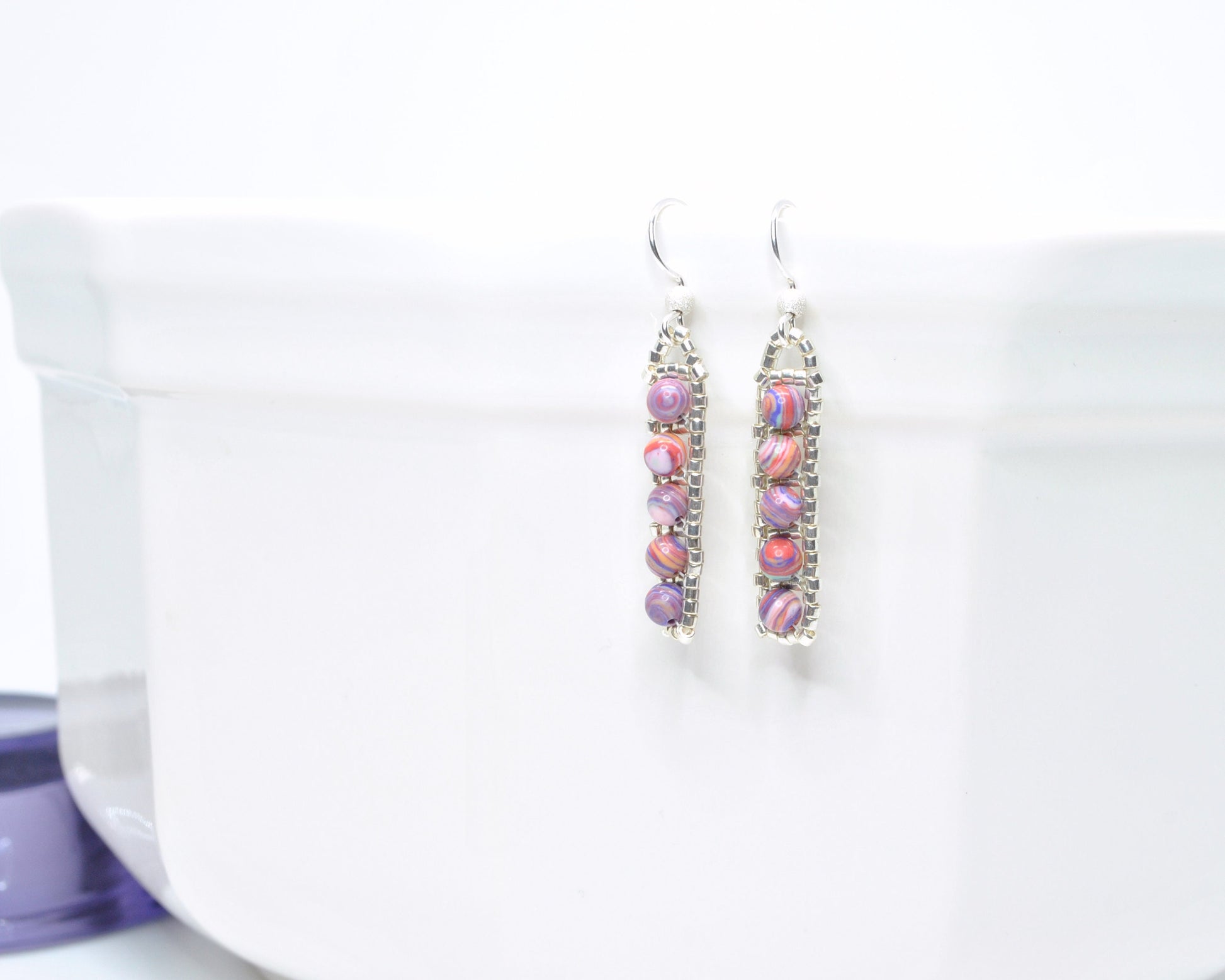 pink marbled rainbow cal silica earrings . pink and purple earrings . nickel free earrings . pink earrings, birthday gift, color swirl