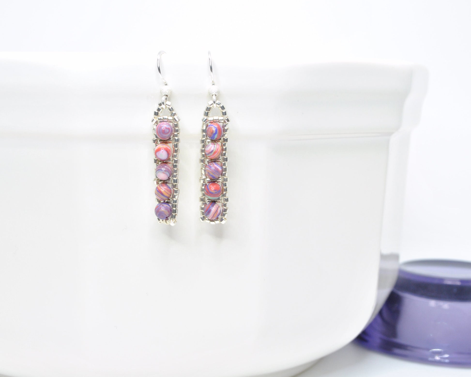 pink marbled rainbow cal silica earrings . pink and purple earrings . nickel free earrings . pink earrings, birthday gift, color swirl