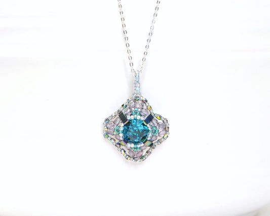 turquoise cushion cut swarovski crystal beaded pendant  . #006