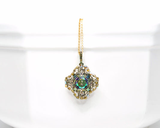 purple green and gold swarovski crystal cushion cut beaded pendant .  #005