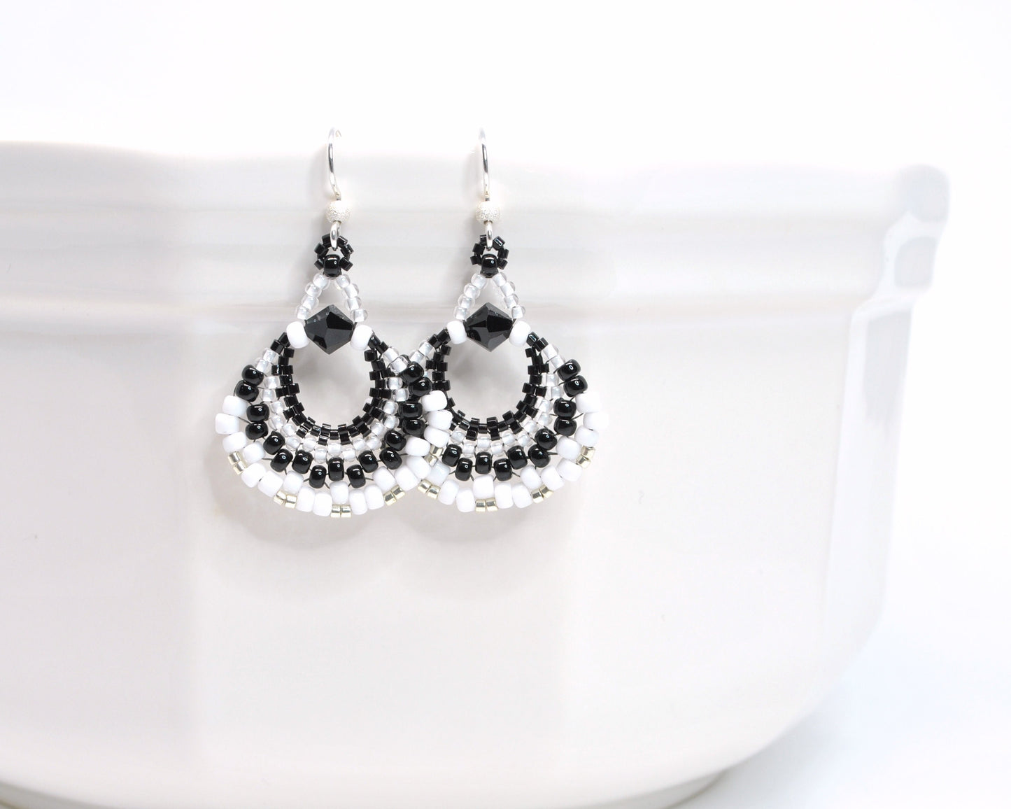 black and white beaded fan earrings