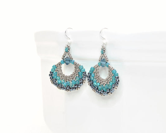 teal and gray lightweight glass beaded fan earrings