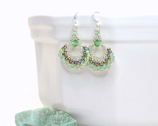 seafoam green beaded fan earrings