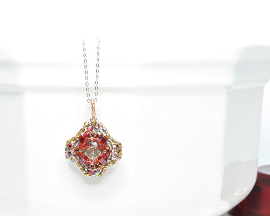 red and gold swarovski crystal cushion cut pendant  . #029