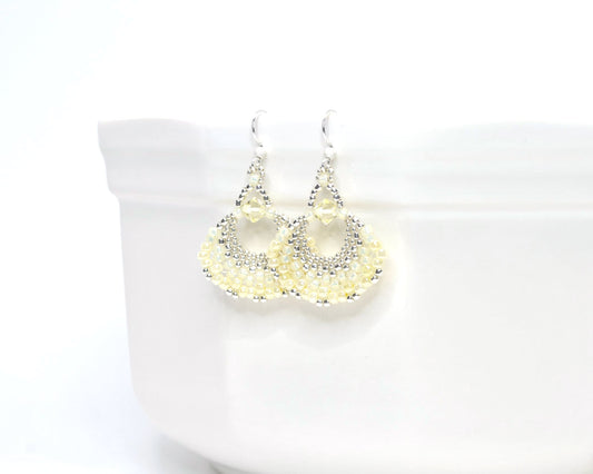 pastel yellow beaded fan earrings