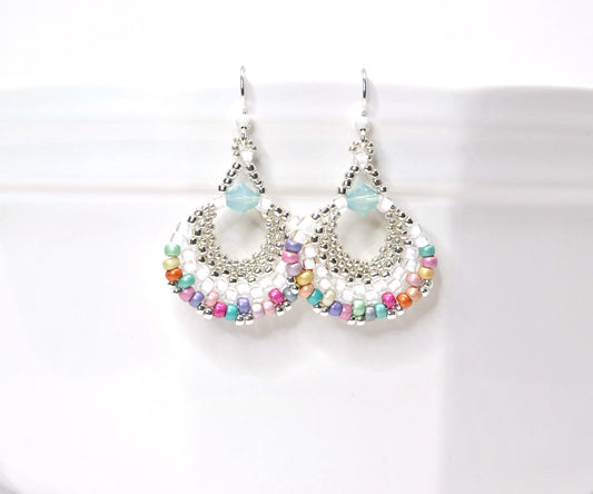 multi colored and white beaded fan earrings