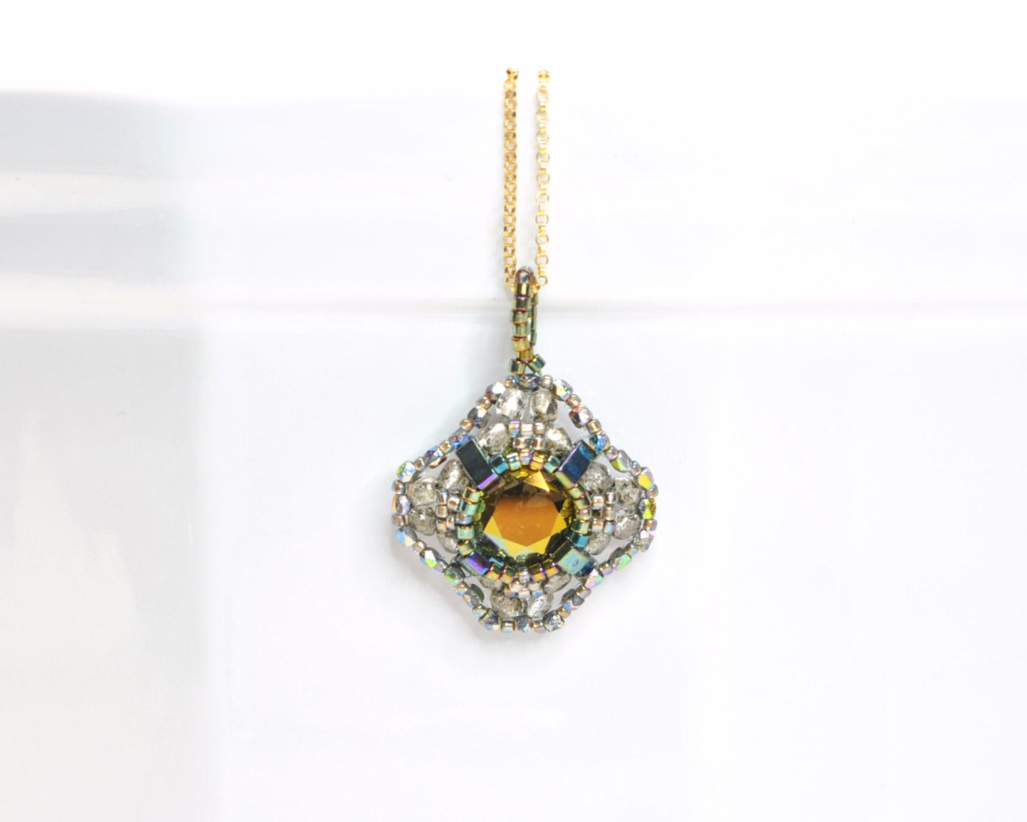 gray, green and gold statement pendant necklace . #008