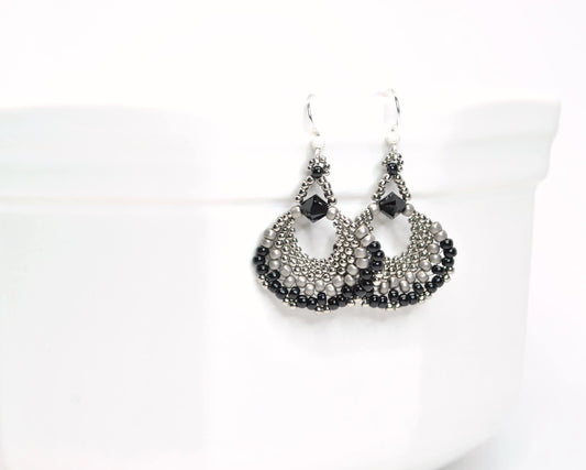 black and silver statement fan earrings