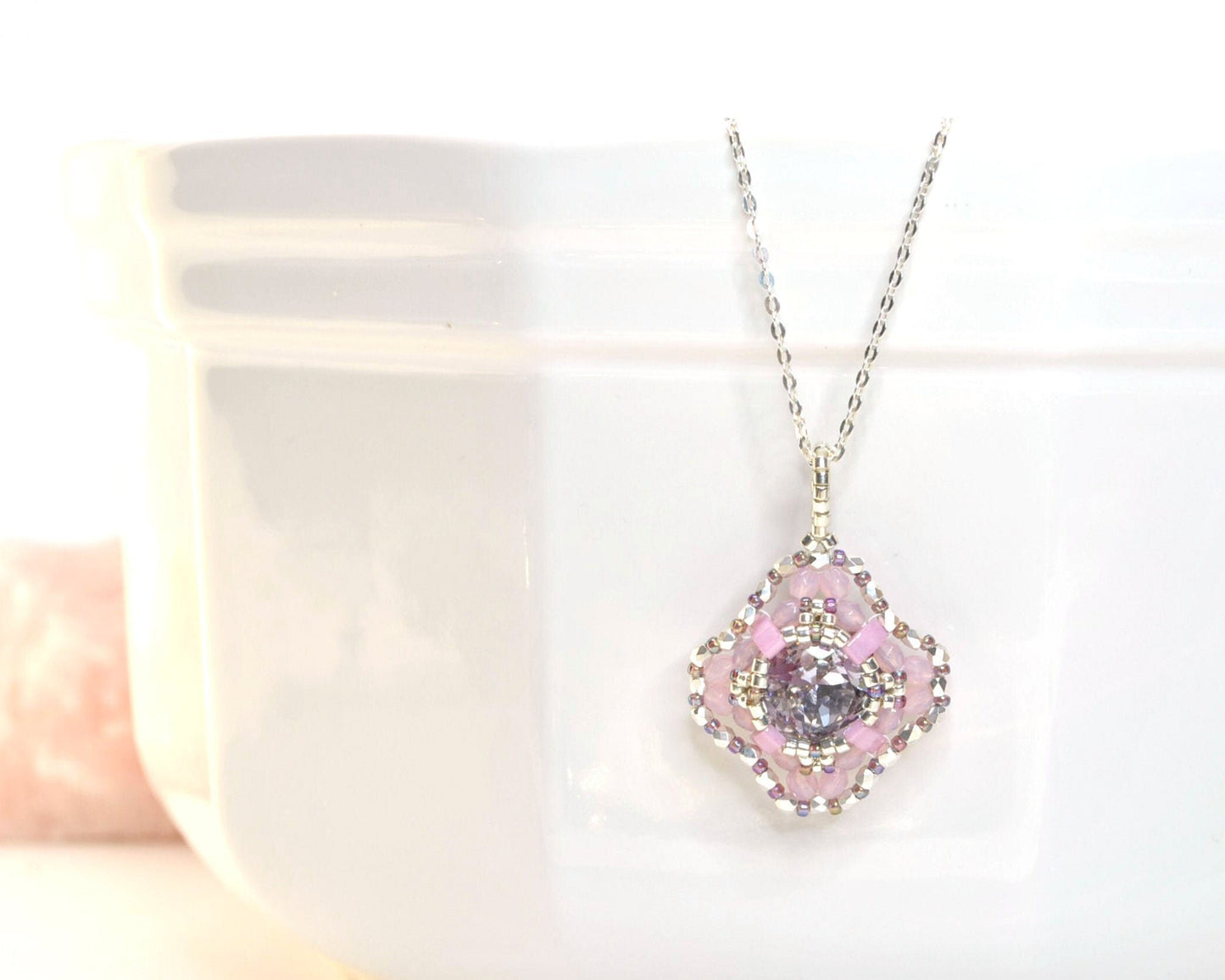 pink & purple diamond crystal cushion cut pendant . #007