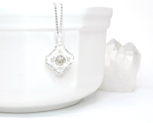 white and silver crystal swarovski cushion cut pendant . #018