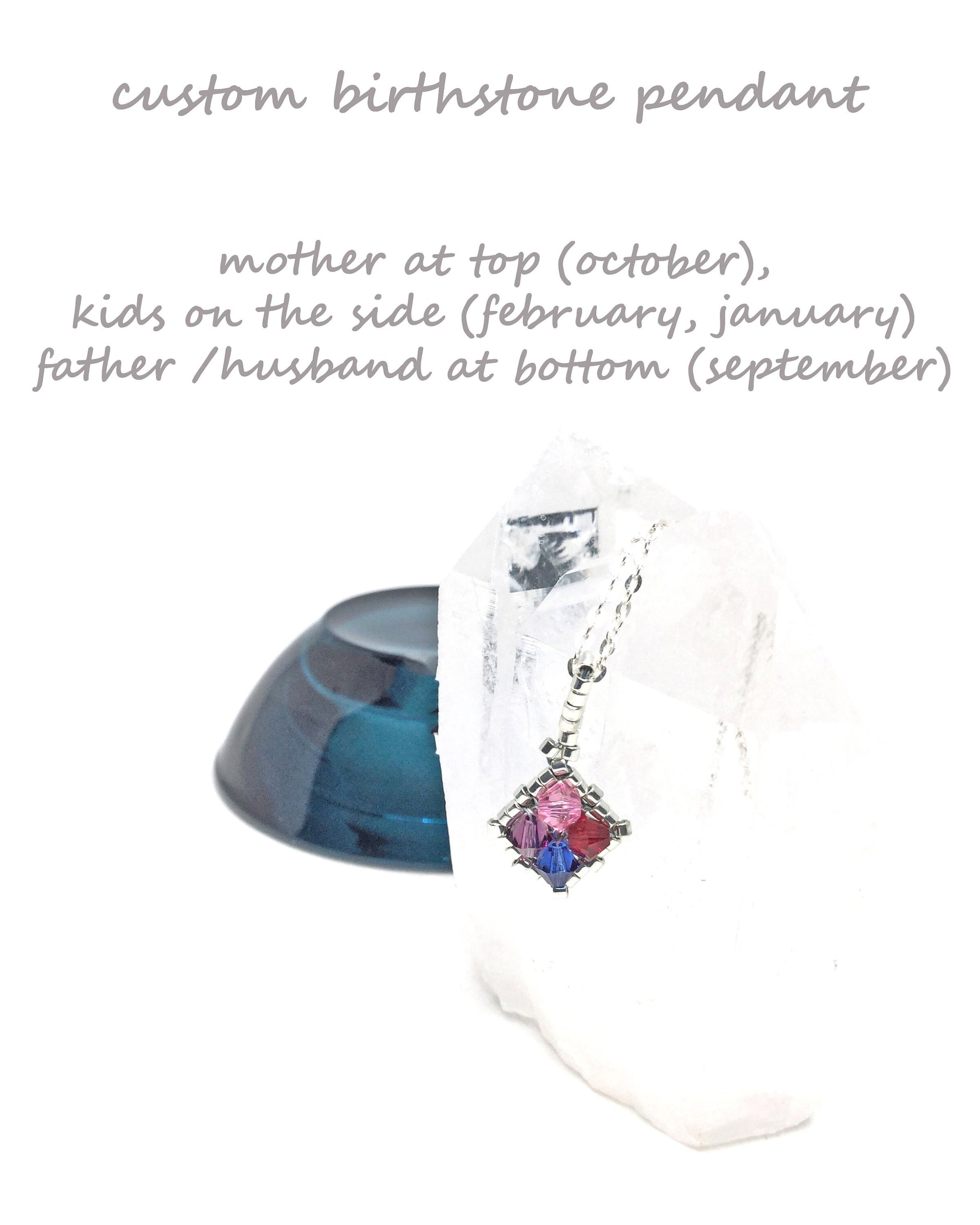 an example necklace: mother at top in october, kids on the sides february and january and the father / husband at the bottom with september