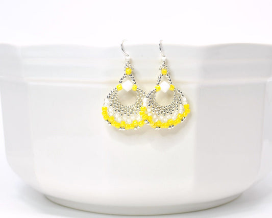 bright yellow and white beaded fan earrings