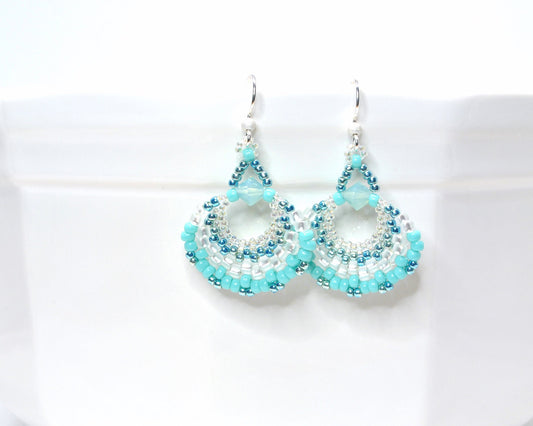 turquoise & white beaded beachy fan earrings