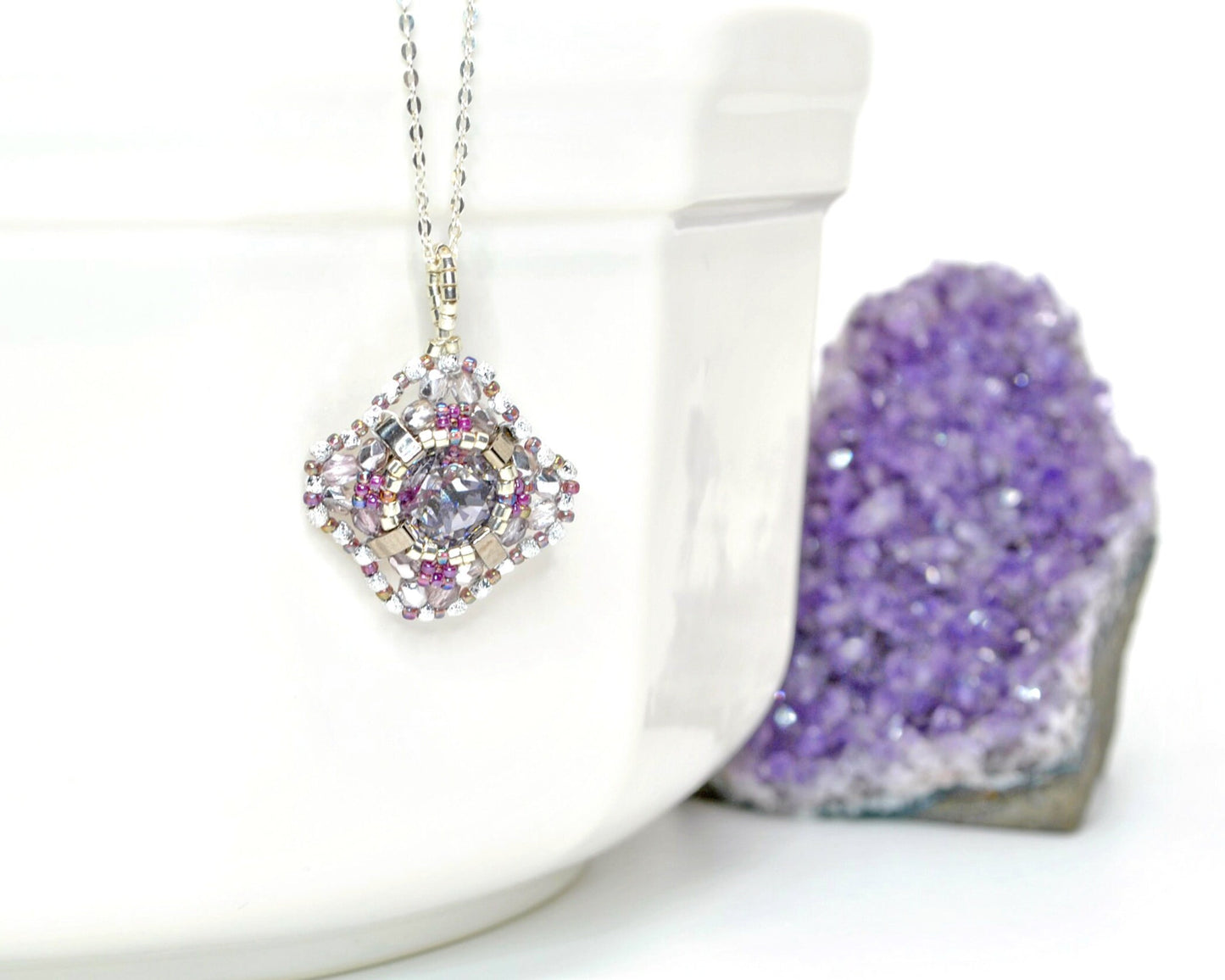 silver and mauve purple swarovski cushion cut crystal pendant . #002