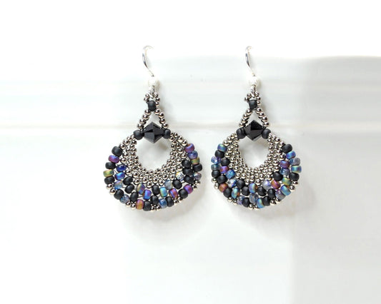 black and multi colored beaded fan earrings