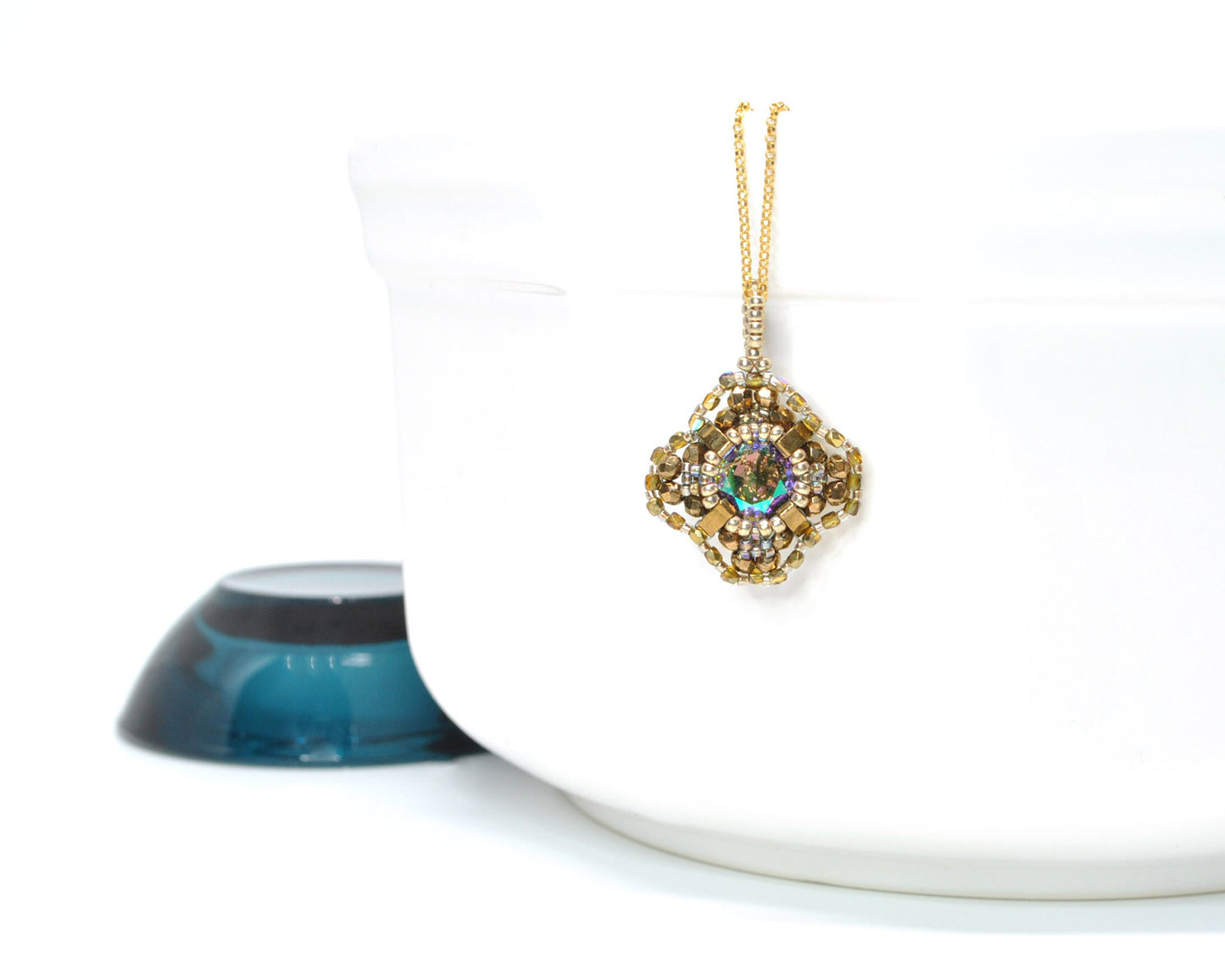 gold and iridescent swarovski crystal cushion cut pendant necklace . #014