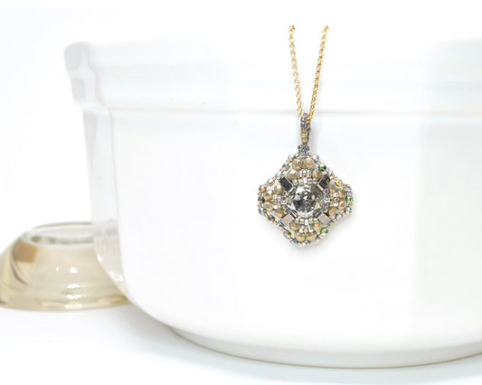 gold beaded swarovski crystal cushion cut pendant . #033