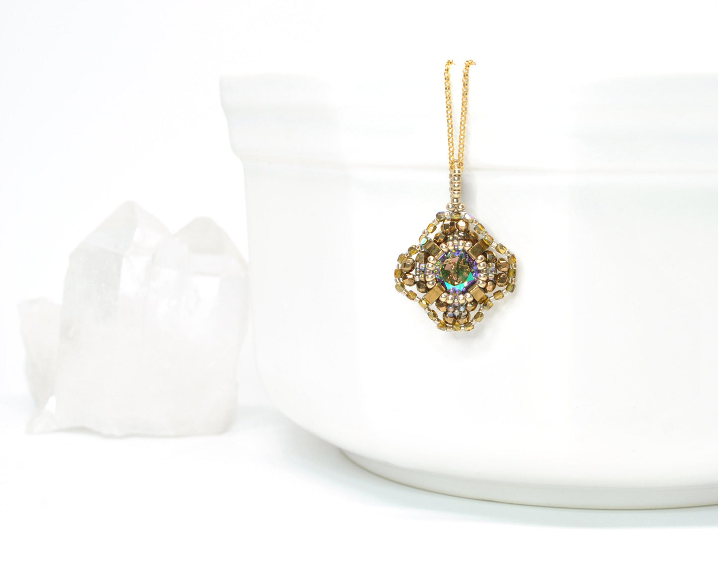 gold and iridescent swarovski crystal cushion cut pendant necklace . #014