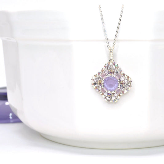 purple swarovski crystal cushion cut beaded pendant . #001