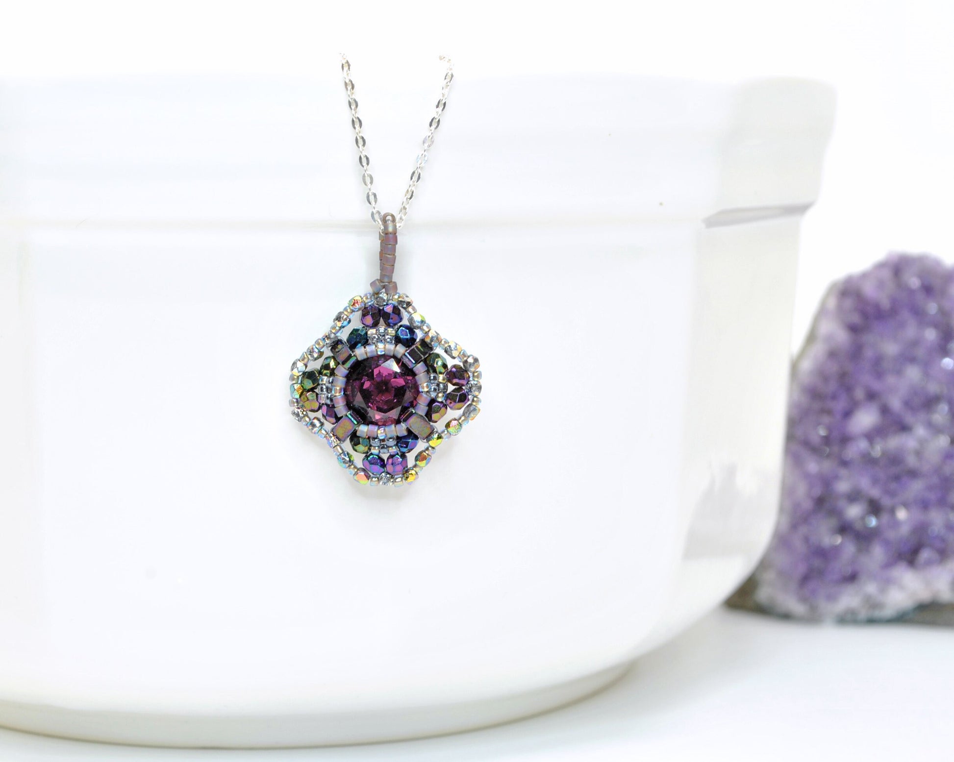 amethyst iridescent purple swarovski cushion cut pendant necklace . dark purple beaded pendant . handmade . mother of the bride 031 .