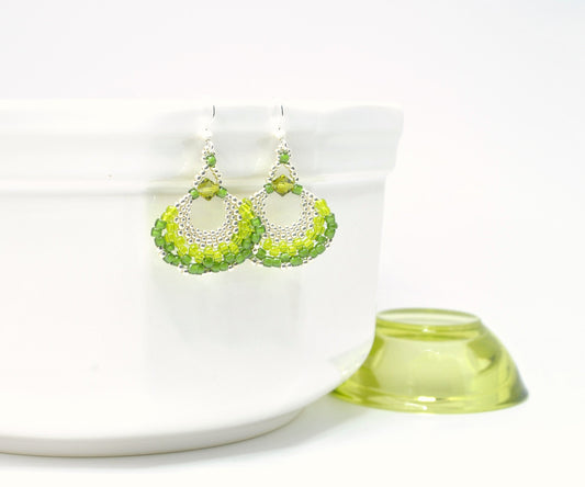 chartreuse green beaded fan earrings