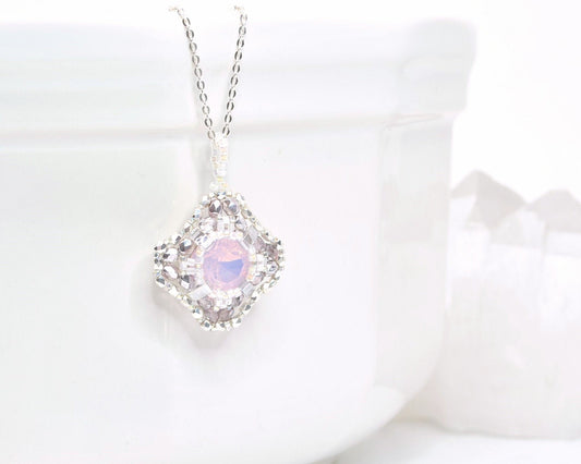 pastel pink opal swarovski crystal cushion cut pendant necklace .  #025.