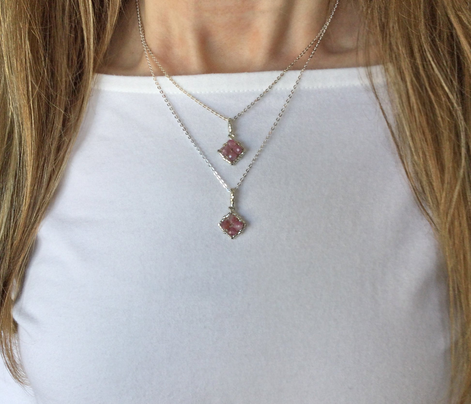 pink tourmaline gemstone pendant necklace . tiny pink gemstone pendants . pink tourmaline necklace . pink pendant . nickel free jewelry