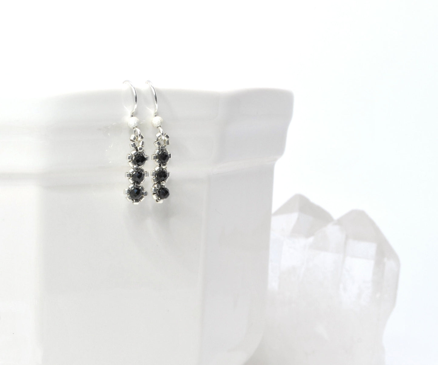 delicate black tourmaline drop earrings . dainty black earrings . delicate black gemstone earrings . black tourmaline earrings .