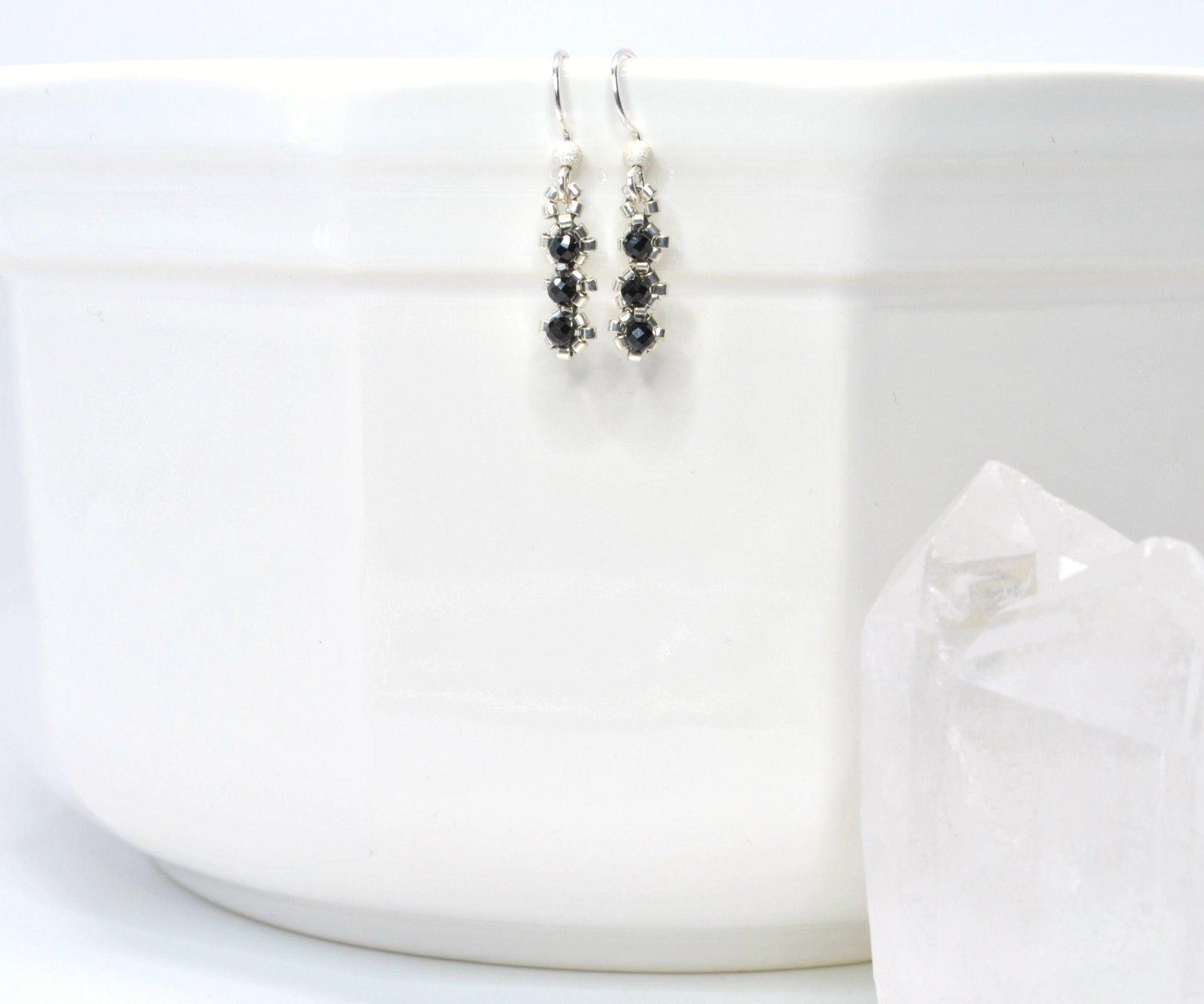 delicate black tourmaline drop earrings . dainty black earrings . delicate black gemstone earrings . black tourmaline earrings .