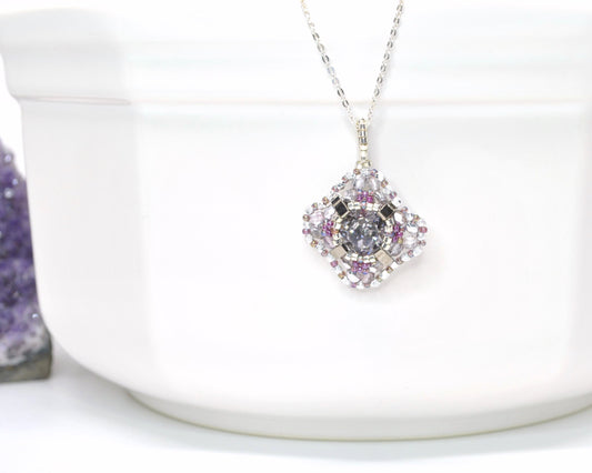 silver and mauve purple swarovski cushion cut crystal pendant . #002