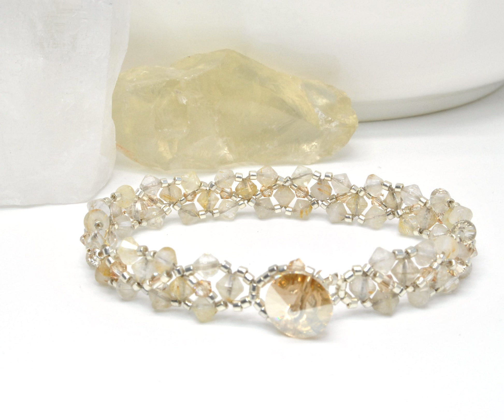 gold rutilated quartz woven bracelet . quartz gemstones . gold quartz bracelet . nickel free jewelry .