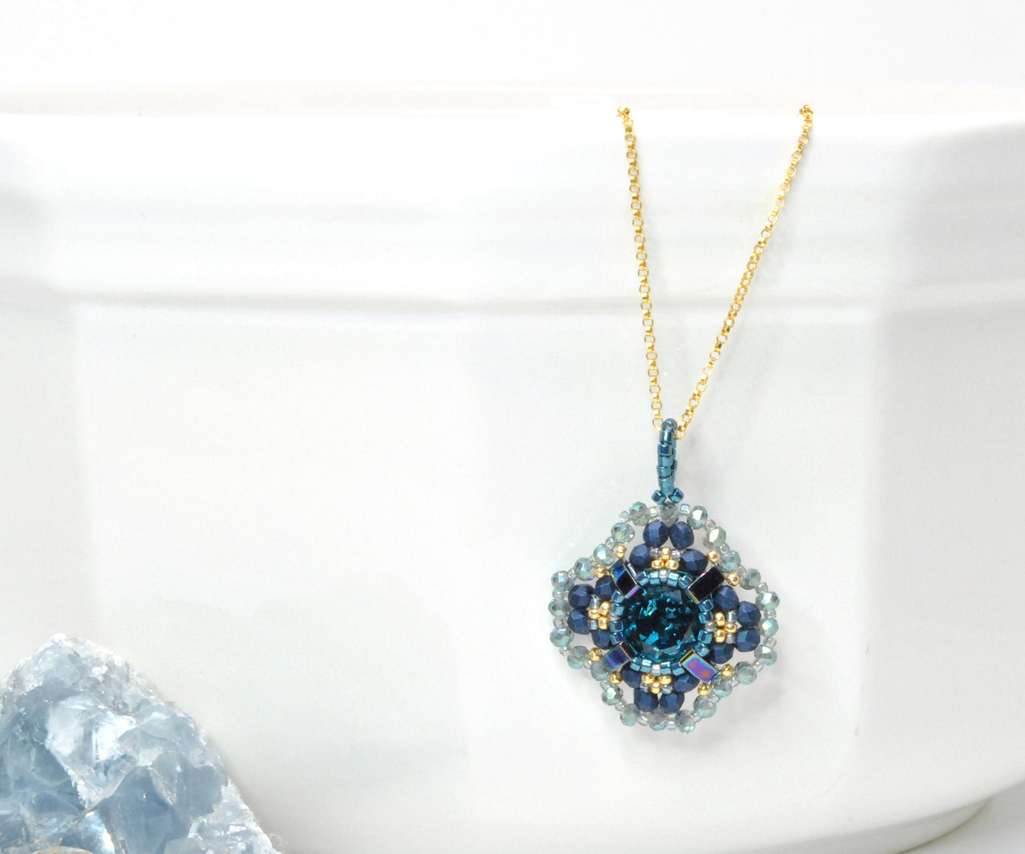 indicolite teal cushion cut swarovski crystal pendant . #035