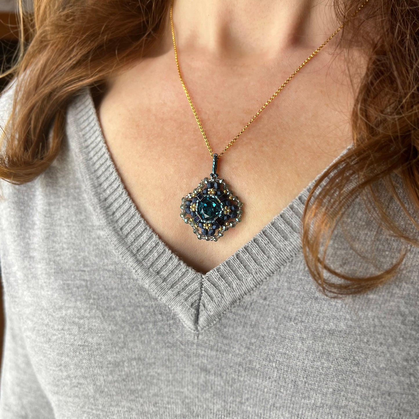 indicolite teal cushion cut swarovski crystal pendant . #035