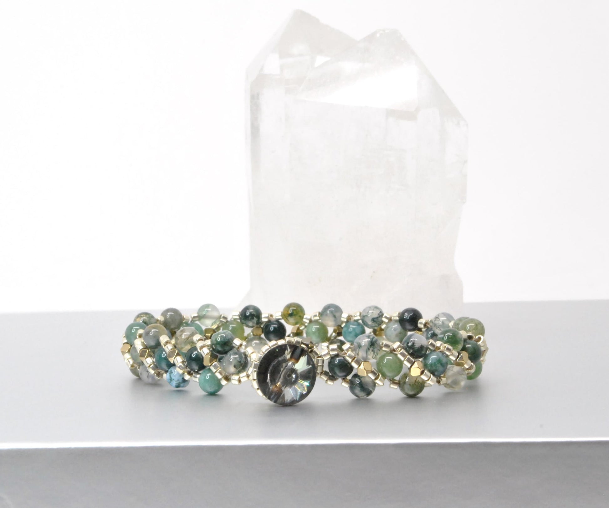 moss agate & gold plated hematite woven gemstone bracelet . green agate bracelet