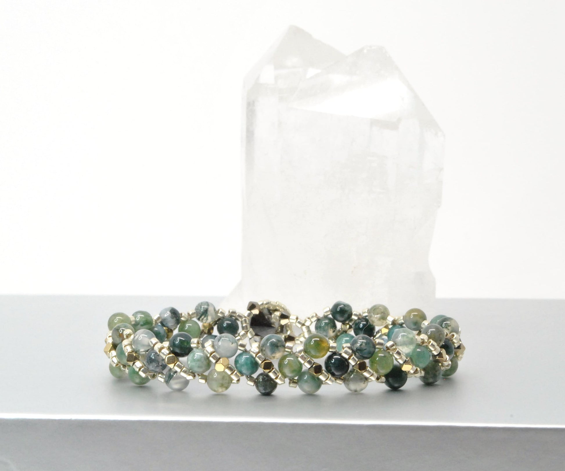 moss agate & gold plated hematite woven gemstone bracelet . green agate bracelet