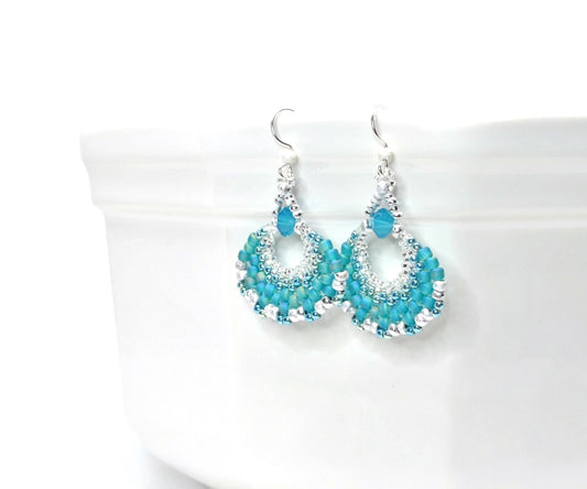 turquoise blue opal and silver beaded fan earrings