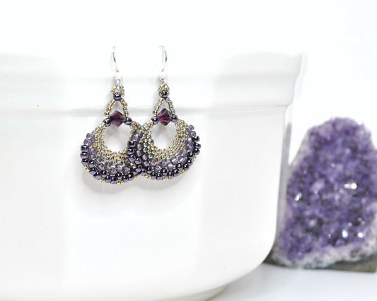 purple beaded fan earrings with sterling silver ear wires . statement earrings . lightweight handmade beaded earrings . nickel free jewelry