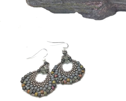 gray beaded fan earrings