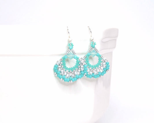 turquoise and silver glass beaded fan earrings